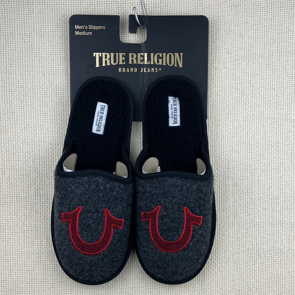 True Religion Horseshoe Slippers Gray Red NWT